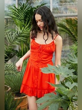 Urban Outfitters Red Orange Milkmaid Button Front Fringe Mini Dress